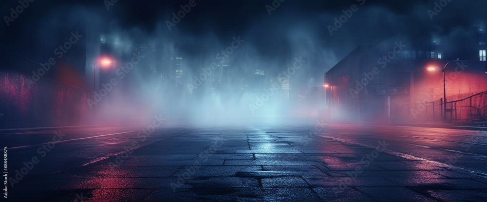 Wet asphalt, reflection of neon lights, a searchlight, smoke. Abstract light in a dark empty street with smoke, smog. Dark background scene of empty street, night view, night city