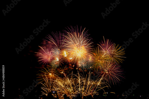 Fireworks show under defocus or blur concepts with isolated black background at night  this celebration is for the International Fireworks Festival in Pattaya on Nov 24-25 in Thailand