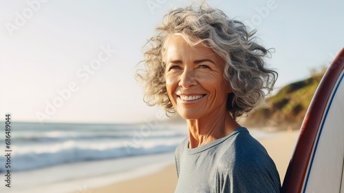 Middle-aged woman holding a surfboard on a beach, radiating vitality, optimism, health, and wellbeing, aging gracefully and embracing active lifestyle