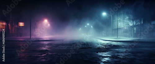 Wet asphalt, reflection of neon lights, a searchlight, smoke. Abstract light in a dark empty street with smoke, smog. Dark background scene of empty street, night view, night city © Muhammad