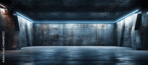 Night view of a lit abstract concrete room interior illustration and rendering