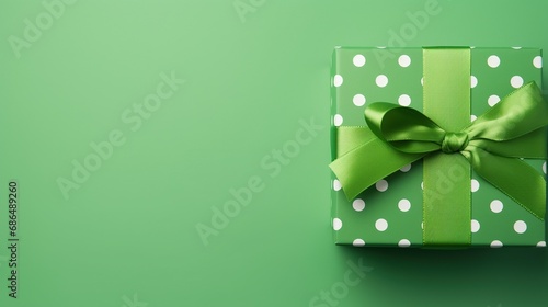 St Patrick s Day concept. Top view of green giftbox with polka dot pattern and ribbon on green background with copy space