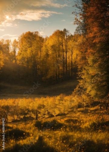 Beautiful meadow in the park ,beautiful spooky autumn forest, golden hour, meadow in the middle, cricked trees in the background ,Sunshine and Starlight, and connected to the earth on a sunny day.tree