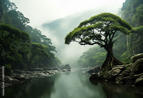 solitary tree growing in the midst of a jungle on a foggy day