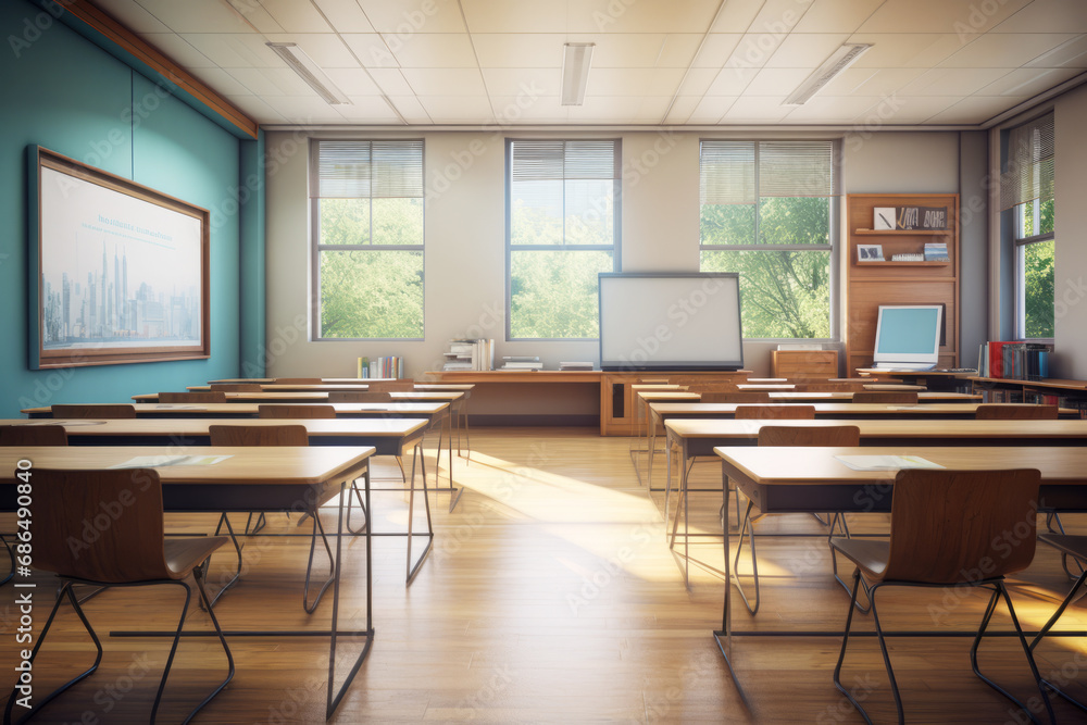 Fototapeta premium Sunny Modern Classroom with Empty Desks and Blackboard