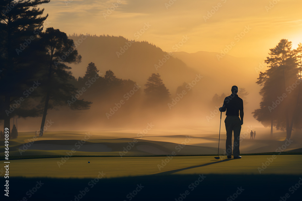 silhouette of a person plaing golf in the morning