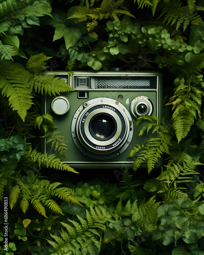 camera on green leaves background