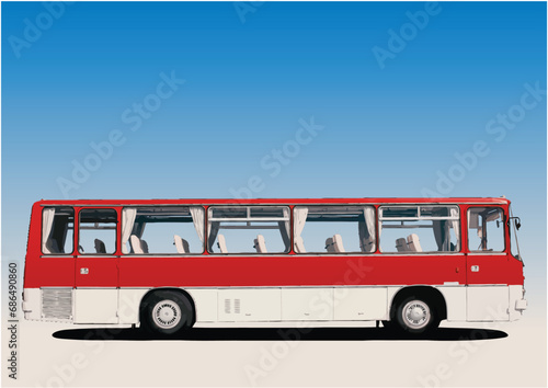 Red City bus on the road. Vector hand drawn 3d illustration