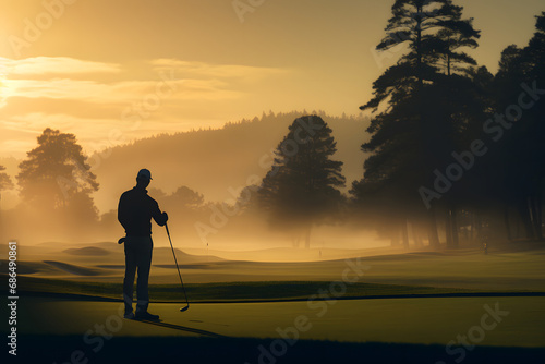 silhouette of a person plaing golf in the morning