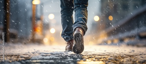 A person wearing boots journeys on a snowy road in winter. photo