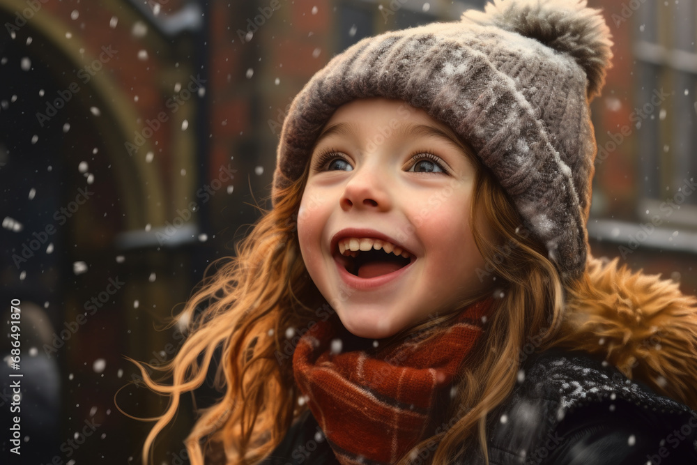 Joyful little girl laughing while playing in snow. Perfect for winter-themed designs and advertisements Joyful little girl laughing while playing in snow. Perfect for winter-themed designs and advertisements