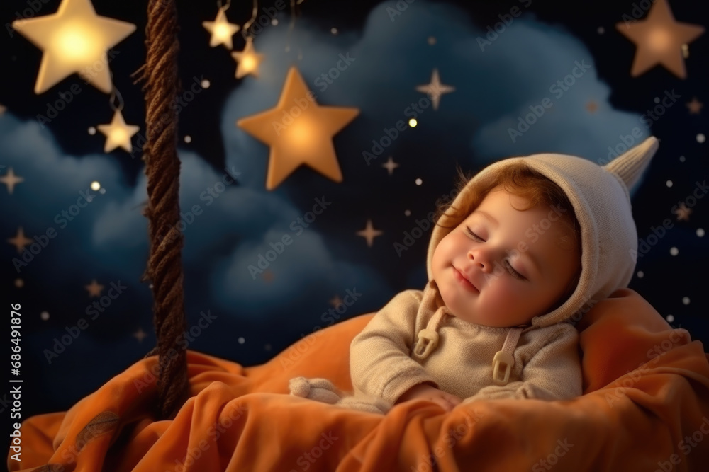 Peaceful image of sleeping baby in comfortable bed with dreamy starry background. Ideal for use in baby-related articles, parenting blogs, or nursery decoration ideas Peaceful image of sleeping baby in comfortable bed with dreamy starry background. Ideal for use in baby-related articles, parenting blogs, or nursery decoration ideas