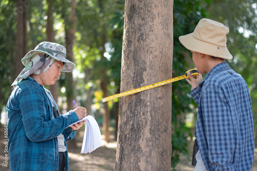 Young asian schoolboy measuring a size of tree trunk with a measuring tape and recording information of trees for school botanical garden library.