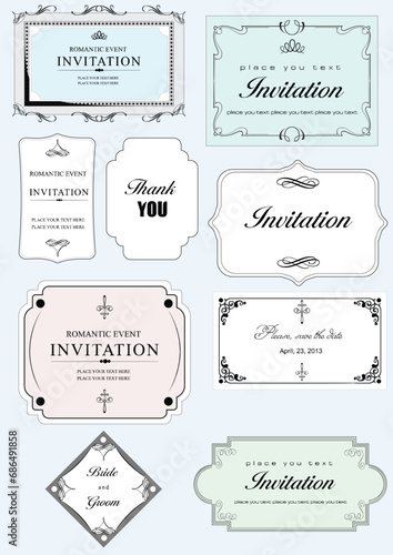 Set of ornate vector frames and ornaments with sample text. Perfect as invitation or announcement. All pieces are separate. Easy to change colors and edit. Hand drawn illustration photo