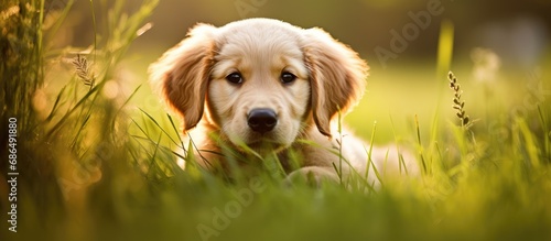 Adorable golden retriever puppy exploring fresh grass. photo