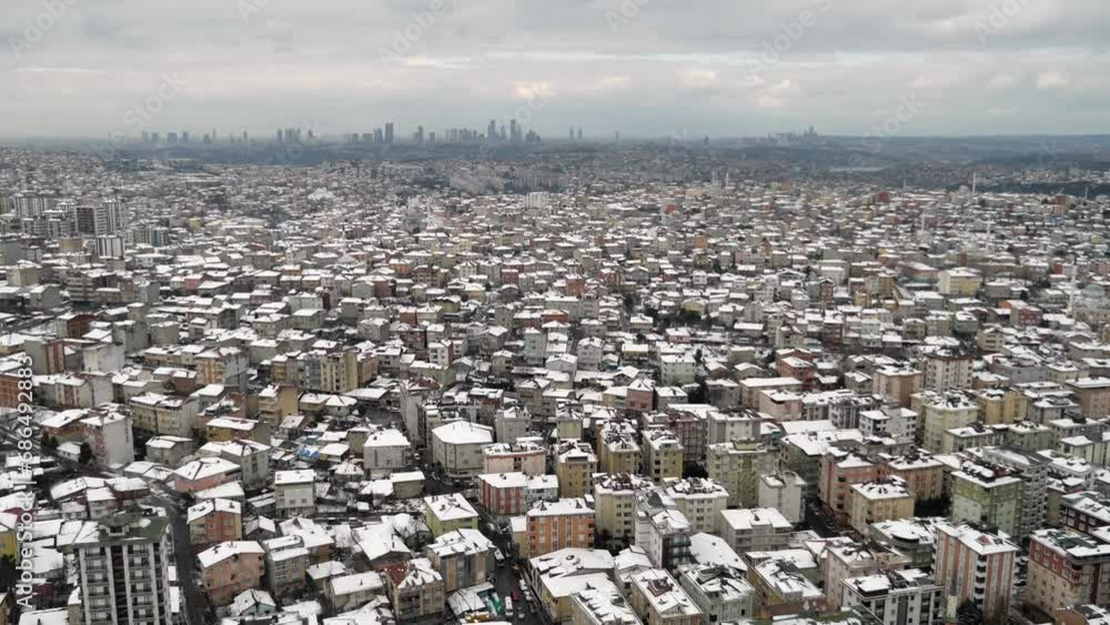 top view of Snowfall on buildings in istanbul city 