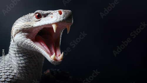 White snake open mouth ready to attack isolated on gray background