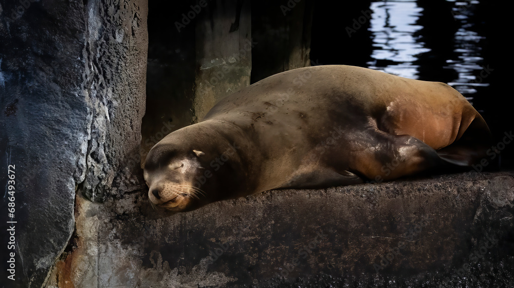 Fototapeta premium A Sea Lion asleep on a wharf in Monterey CA