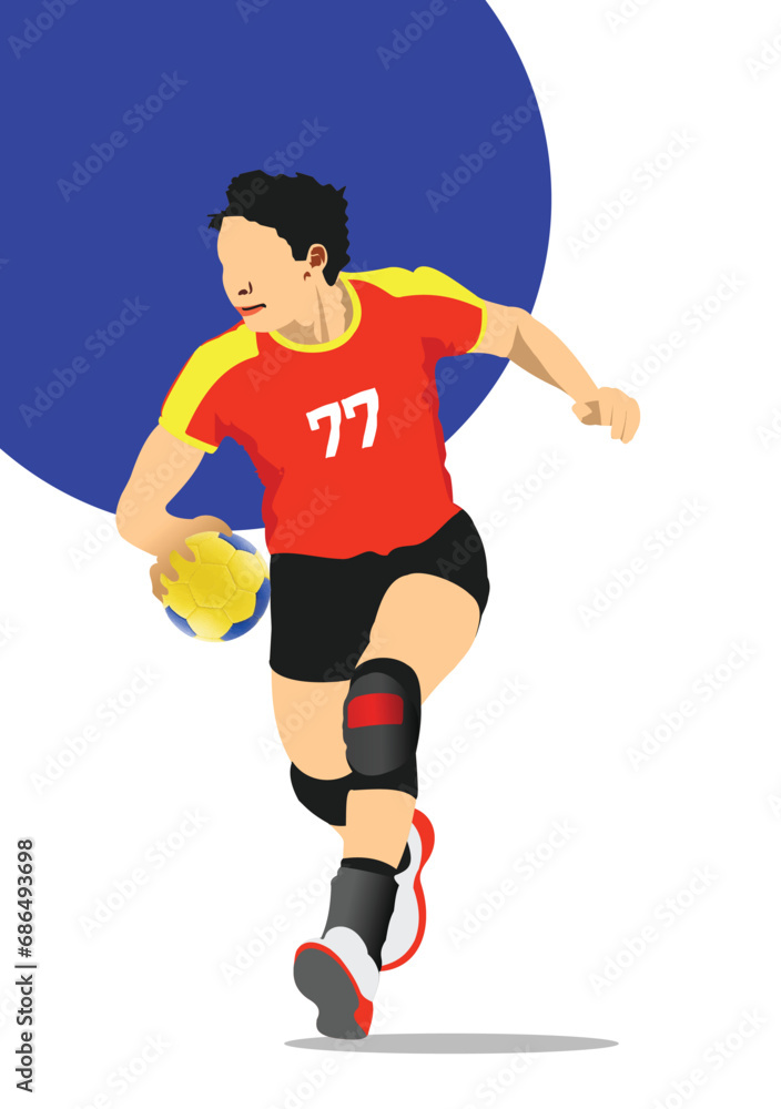 Young man exercising handball player silhouette. 3d color vector illustration. Hand drawn illustration
