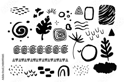 Set african tribal ethnic shapes elements in doodle style isoated on white background. Brush ornaments native sign.