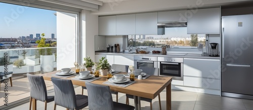Daytime in a contemporary apartment with open balcony doors highlights the bright kitchen and dining room