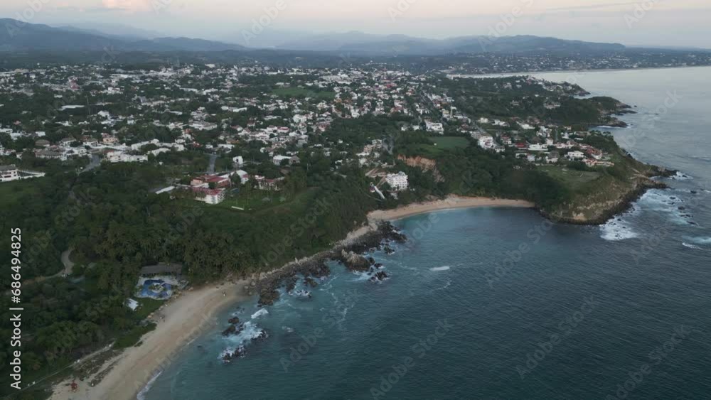 Aerial hight angle view of Puerto Escondido Mexico surfer spot travel destination ocean sea drone footage Aerial hight angle view of Puerto Escondido Mexico surfer spot travel destination ocean sea drone footage
