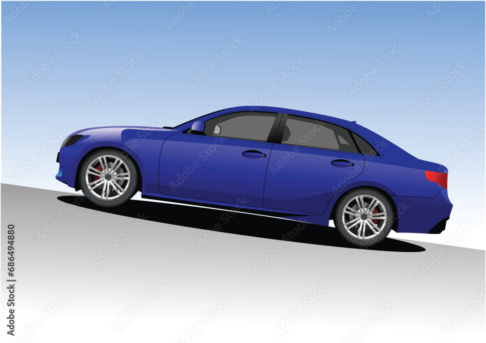 Blue car sedan on the road. Vector 3d hand drawn illustration