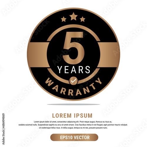 5 Year warranty vector art illustration in emas color with fantastic font and white background. Eps10 Vector