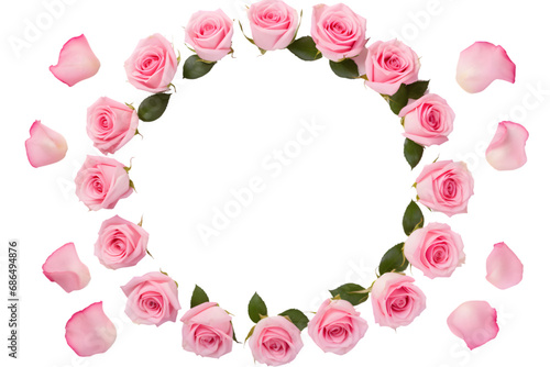 Pink rose flowers and buds arrangement on white circle card. Flat lay, top view. generative ai.