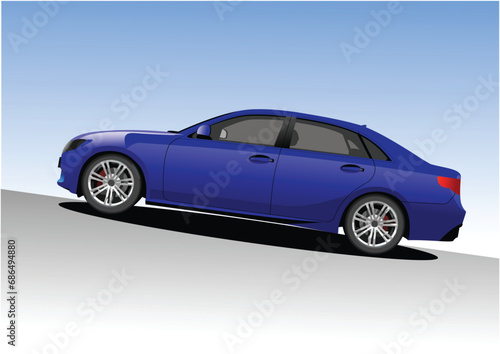 Blue car sedan on the road. Vector 3d hand drawn illustration © Leo
