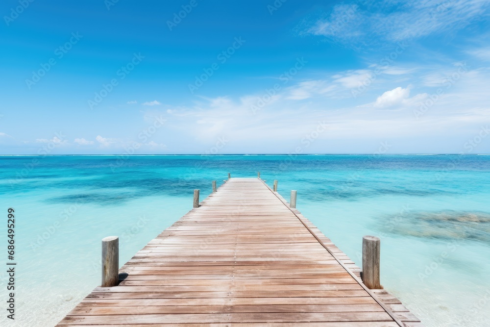 A wooden pier or jetty heading toward the horizon on a crystal clear sea water beach