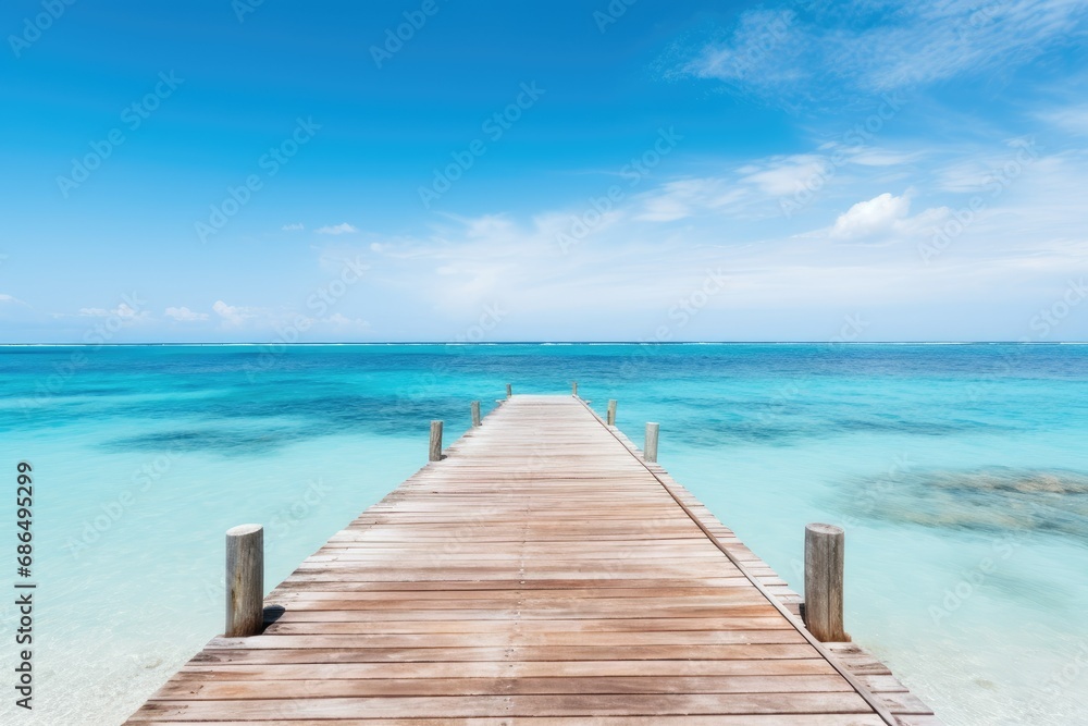 A wooden pier or jetty heading toward the horizon on a crystal clear sea water beach A wooden pier or jetty heading toward the horizon on a crystal clear sea water beach