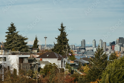 Seattle skyline and Space Needle seen from rooftop in West Seattle