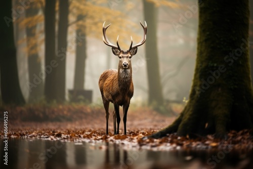 Capture the grace and elegance of a solitary deer in a misty forest clearing © Muh