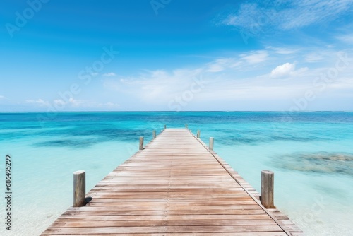 A wooden pier or jetty heading toward the horizon on a crystal clear sea water beach © Muh