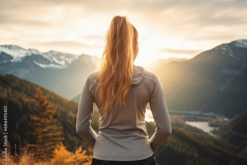 custom made wallpaper toronto digitalBeautiful young athletic girl looking at the sun in the mountains view from the back