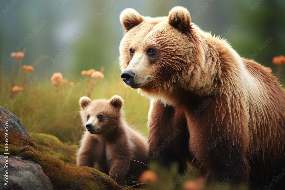 Obraz premium Illustrate the tenderness between a mother bear and her playful cubs