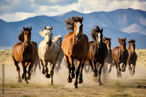 Showcase the energy and speed of wild horses galloping across an open plain photo