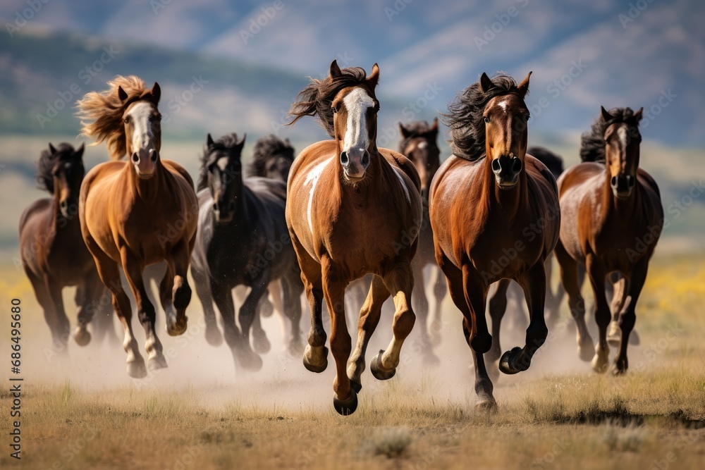 Showcase the energy and speed of wild horses galloping across an open plain