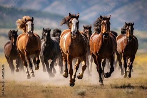 Showcase the energy and speed of wild horses galloping across an open plain © Muh