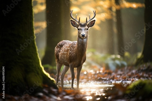 Capture the grace and elegance of a solitary deer in a misty forest clearing