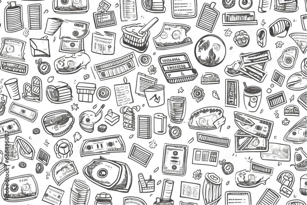Seamless pattern on the theme of money and finance in a simple black and white doodle style isolated on white background. generative ai. Seamless pattern on the theme of money and finance in a simple black and white doodle style isolated on white background. generative ai.