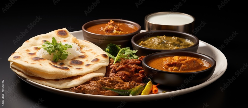 Indian food with beef curry, Kerala parathas, and spicy Asian chicken and beef curry gravy.