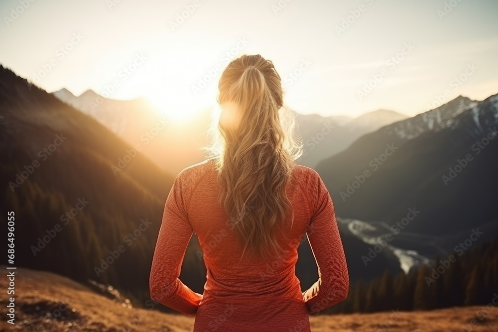 Beautiful young athletic girl looking at the sun in the mountains view from the back