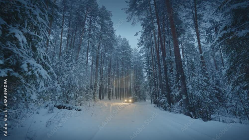 Winter forest in snow fall at dusk, walking along snowy road towards distant car with headlights turned on. Winter forest in snow fall at dusk, walking along snowy road towards distant car with headlights turned on.
