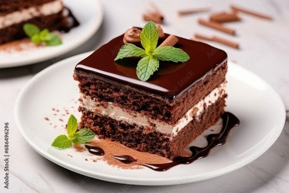 Tasty chocolate cake served on white table Tasty chocolate cake served on white table