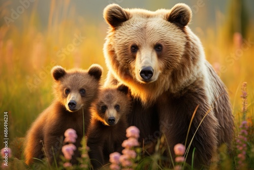 Illustrate the tenderness between a mother bear and her playful cubs