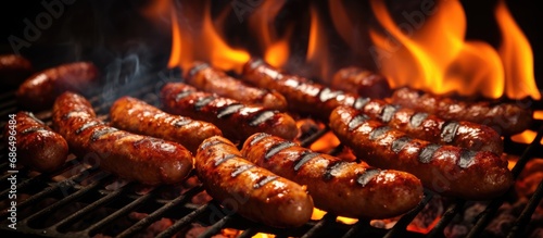Grilled sausages with fire and shallow depth.