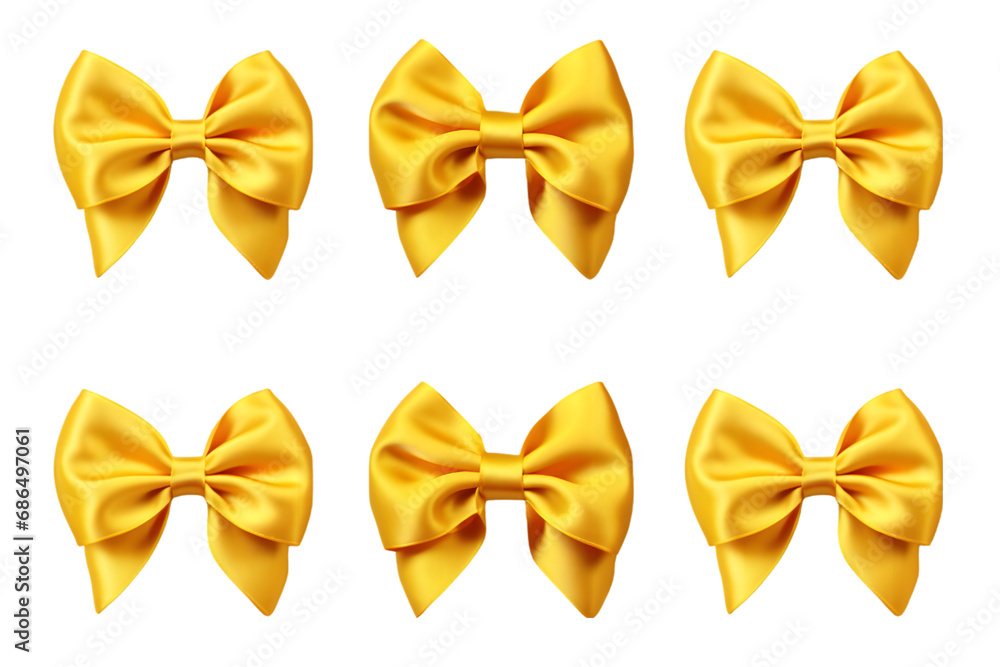 Set of satin decorative golden bows with horizontal yellow ribbon gold bow and gold ribbon. generative ai. Set of satin decorative golden bows with horizontal yellow ribbon gold bow and gold ribbon. generative ai.