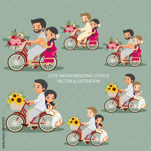 vector illustration elements of a cute Indian couple in wedding outfits for decoration on the wedding invitation